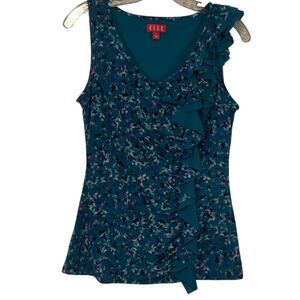 Elle Teal Purple Lavender Black Floral Ruffle Tank Sleeveless Blouse